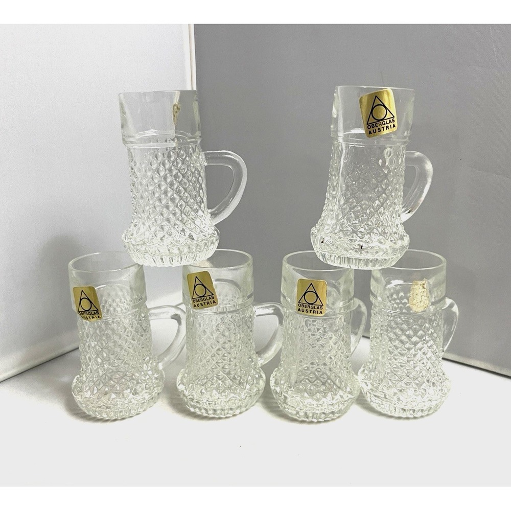 Vintage OBERGLAS Shot Glass Set 6 Austria Diamond Pattern NOS Midcentury Barware